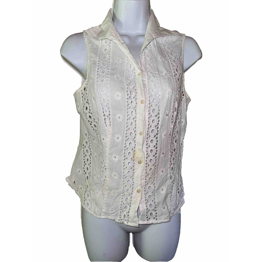 Moda woman’s sleeveless Button up Collared shirt White 100% cotton Eyelet medium
